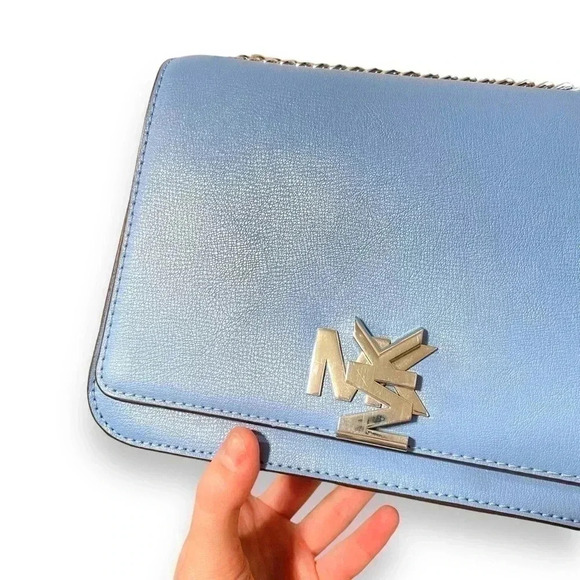 NEW Michael Kors Mott Large Two Tone Blue Leather Crossbody Silver Shoulder Bag - Picture 9 of 12